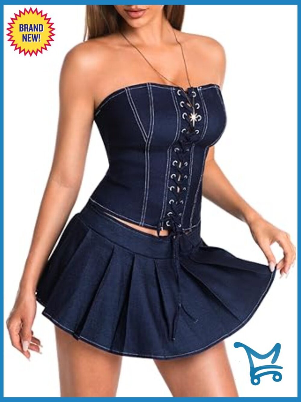 Sexy 2 Piece Denim Set Lace Up Corset Top Low Rise Pleated Mini Skirt Rave